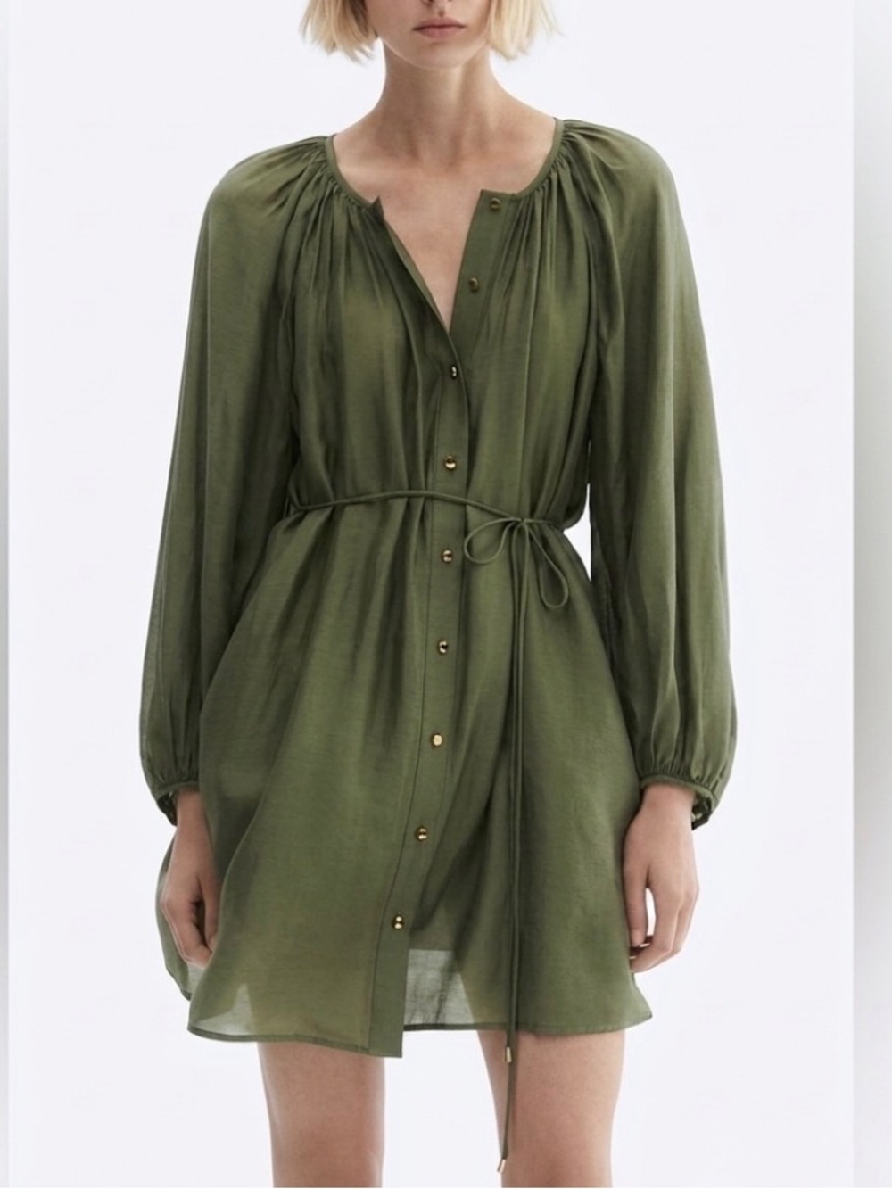 H&M Oversized Balloon Sleeve Green Belted Dress